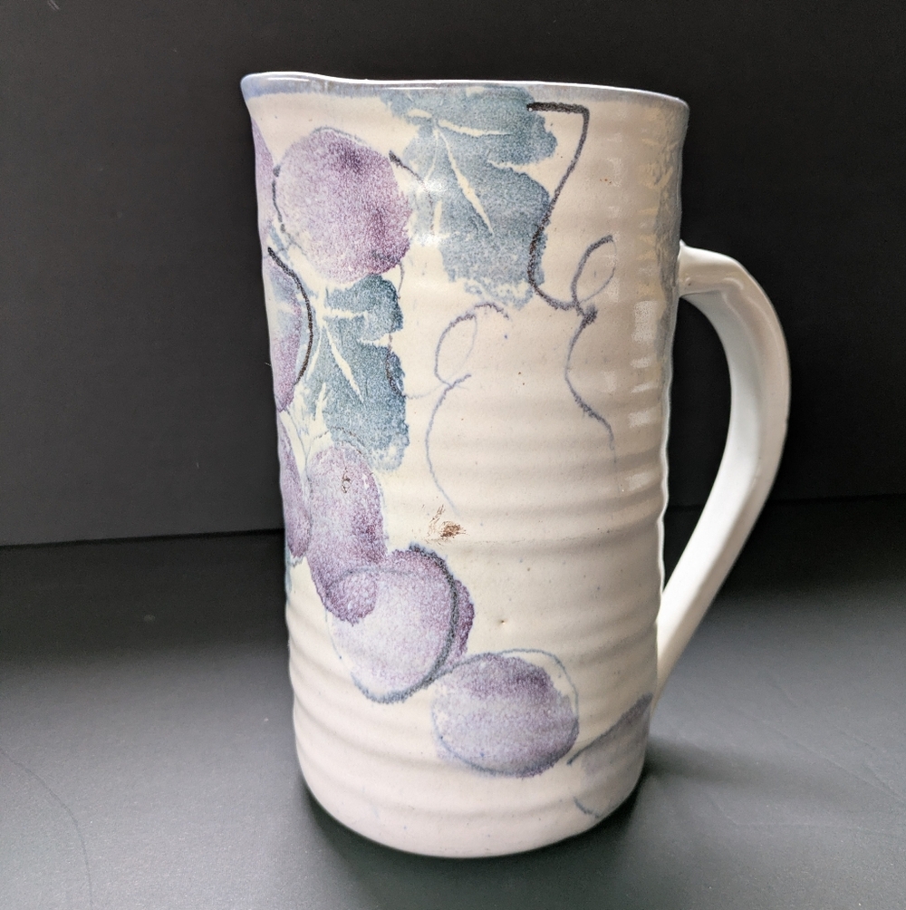Hand-made Pottery Pitcher Artisan Signed Decorative Grape Design As Is Decor